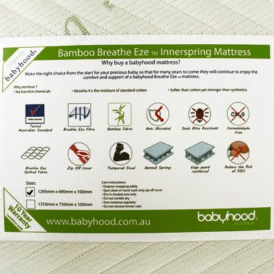 close up of bamboo innerspring cot mattress label