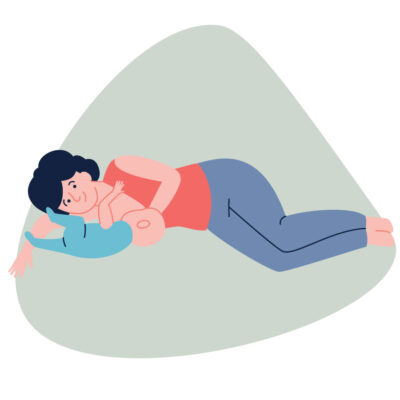 cartoon mum demonstrating the inverted side lying breastfeeding position