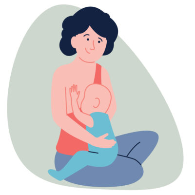 cartoon mum demonstrating upright breastfeeding position