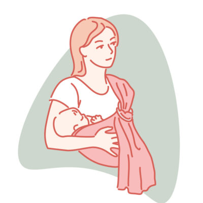 cartoon mum demonstrating breastfeeding in a sling as one of the 10 comfy breastfeeding positions to try