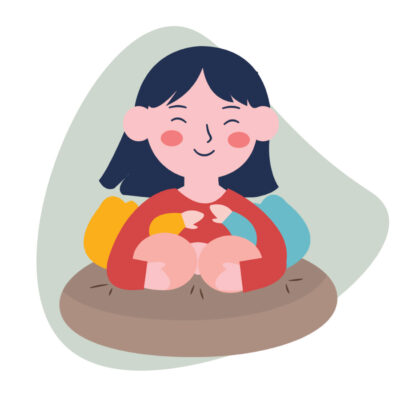 cartoon image of mum using a double hold breastfeeing position for feeding twins