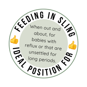 graphic explaining that feeding in a sling is ideal for when you are out and about for babies who are unsettled for long periods