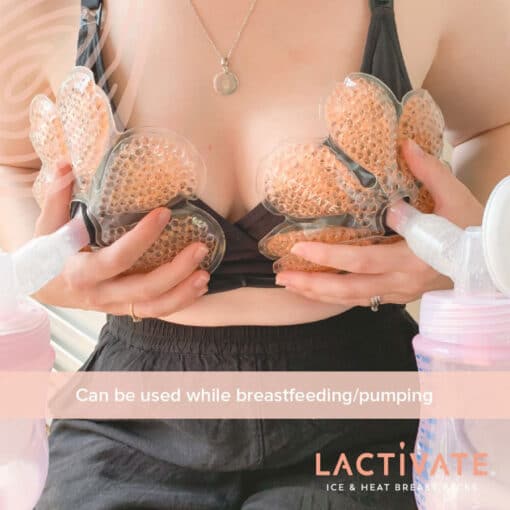 lactivate hot cold breast packs being worn in bra by mum