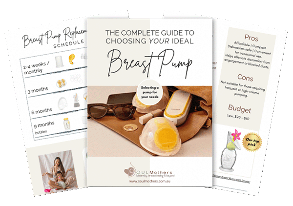 image of the cover page and two inner pages of the complete guide to choosing your ideal breast pump