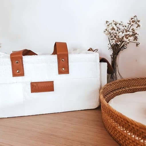 tyhan carryall nappy caddy with browns straps and basket next to it