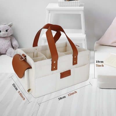 tyhan carryall nappy caddy with brown straps and shown caddy measurements