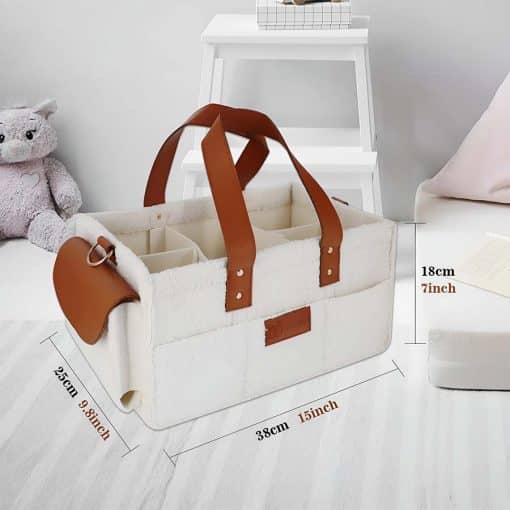 tyhan carryall nappy caddy with brown straps and shown caddy measurements